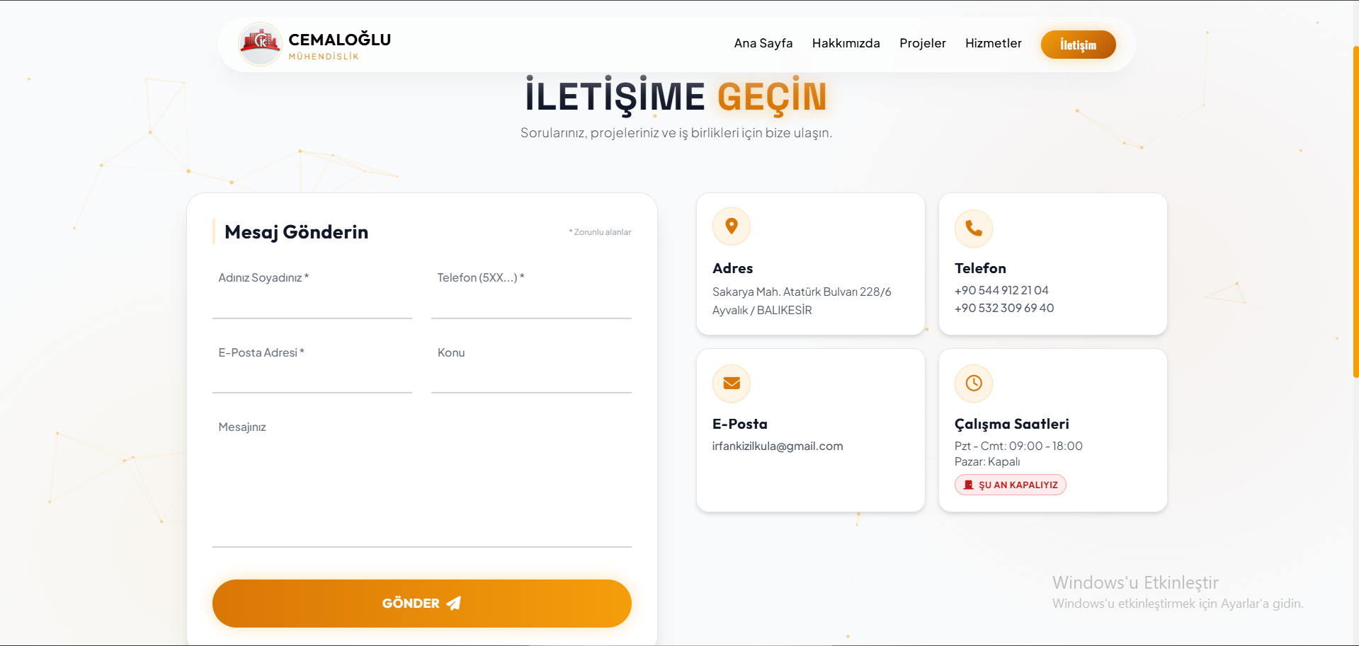 Cemaloğlu Mühendislik İletişim Sayfası